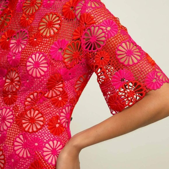 Eva Franco fitted lace Red Midi Flounced Wedding Guest fuchsia 3/4 sleeves - Picture 2 of 5